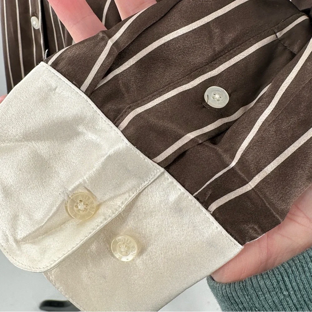Lauren Ralph Lauren button down top 4P 100% silk brown cream stripes career